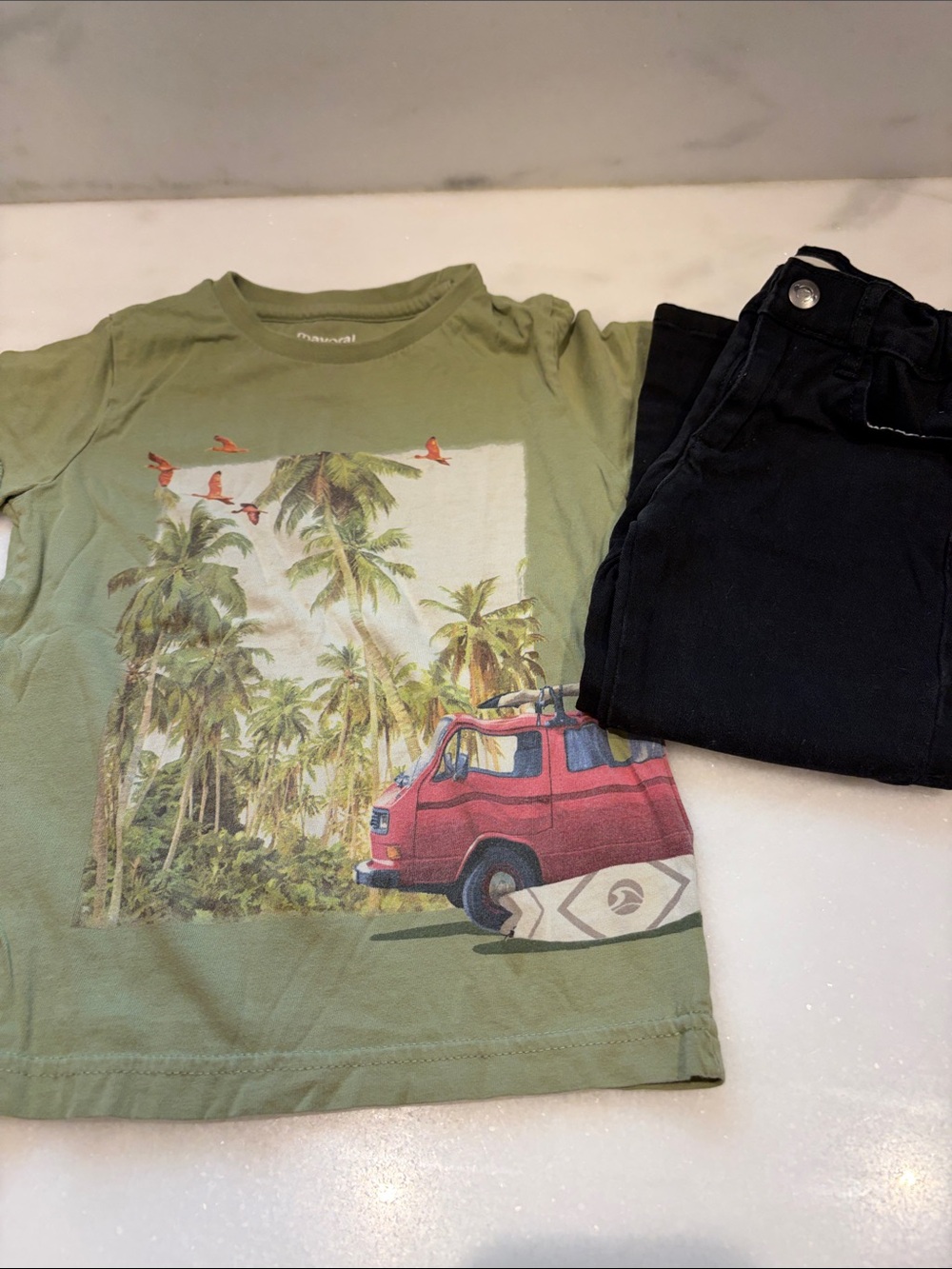 Mayoral Green Short-Sleeve Tee with Red Van and Palm Print with Appaman Jeans